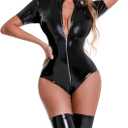 Panegy Women Leather Bodysuit Shiny Bodycon Leotard Jumpsuit for Club Party Cosplay (Large, Black-Short Sleeve)