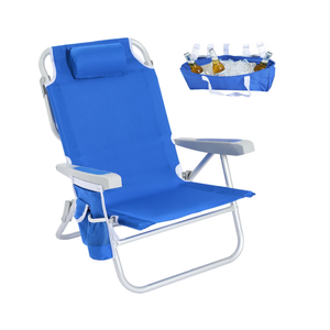 SUNNYFEEL Low Beach Chair, 5-Position Lay Flat Reclining, Backpack Portable Folding Chair with Cooler Bag & Cup Holder, Heavy Duty 350 LBS, Compact for Beach, Camping, Travel (New Blue)