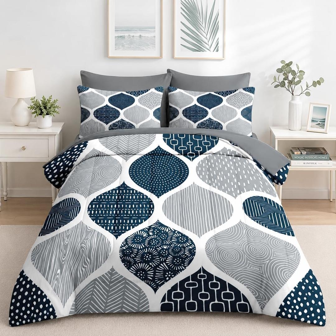 Nesker Comforter Set Full Size, Boho Bohemian Abstract Blue Gray 7 Pcs Bedding for Kids and Adults, Indigo Geometry Grey Bed Sheet Sets with Fitted Sheet 2 Pillowcases & 2 Shams