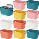 Tioncy 10 Pack Colorful Plastic Storage Bins, 9.7" x 6.9" x 5.7" Small Open Organizer Bins with Handles, Sturdy Stackable Plastic Storage Baskets for Bathroom Kitchen Shelves, 5 Colors