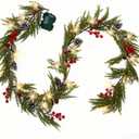 Christmas Garland Lights 6.56FT 20 Snow LED Pine Garland with Lights Battery Operated with Bells Red Berries Pinecones Cypress Greenery Garlands Decoration for Xmas Tree Mantle Door Stairs Home Decor
