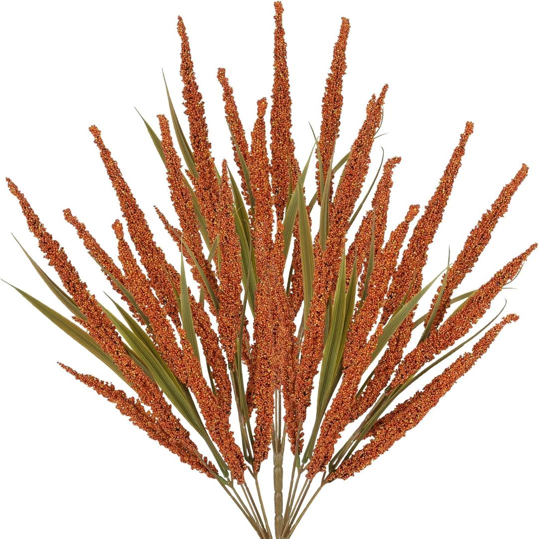 Briful 3 Pack Artificial Grain Ear Stems 16.1in Faux Orange Wheat Foliage Spray Fall Floral Stems Autumn Harvest Branches for Vase Rustic Farmhouse Home Wedding Bouquet Party Decor