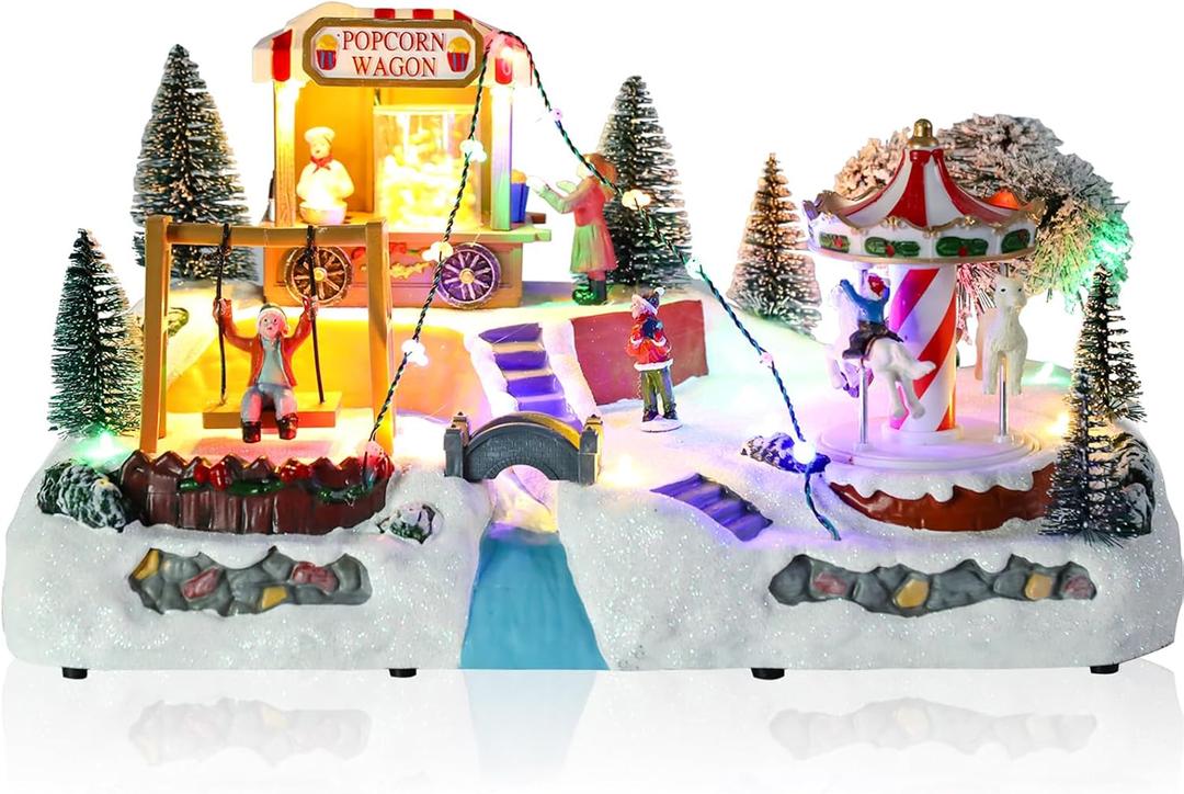 Christmas Village House, Animated Popcorn Popper with Carousel Scene Lighted Musical Christmas Village Set with Colorful LED Light, Battery Operated Collectible Building for Indoor Holiday Table Decor