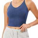 ODODOS Seamless Padded Sports Bra for Women Criss-Cross Back Longline Wirefree Brami Ribbed Crop Tank Tops, Washing Cobalt Blue, Medium-Large (Blue)