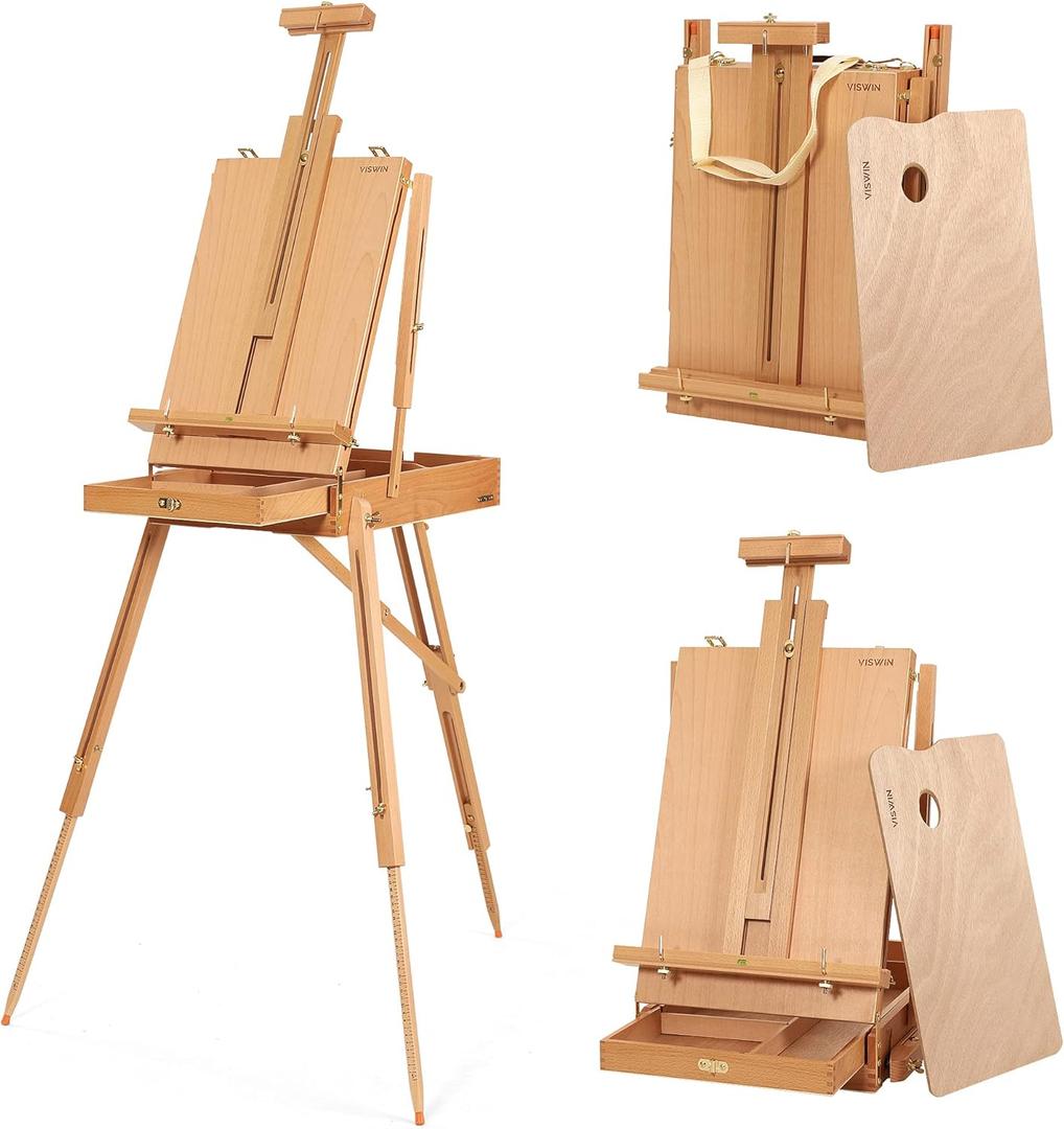 VISWIN French Easel for Painting with Palette, Shoulder Strap & Storage, Adjustable Beech Wood Travel Art Easel Stand, Portable Sketchebox Plein-Air Easel for Adults, Artists, Table Top & Floor Use (Natural)
