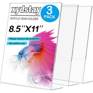 3 pack 8.5x11 Acrylic Sign Holder for Picture Frames, L Shape Clear Plastic, Plastic Sign Holder,Menu Holder, Unbreakable Table Sign Holder for Restaurant, Office, School, Store and Home Use