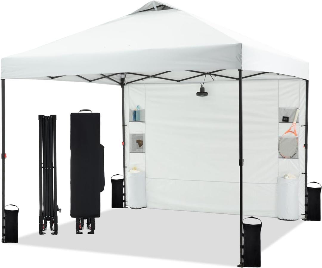 10'x10' Pop Up Canopy Tent with 1 Sidewall and 6 Pockets, One Push Setup, Instant Shade Tent with Vented Roof for Beach Patio Outdoor, Case, 8 Stakes, 4 Ropes, 4 Sandbags (White)