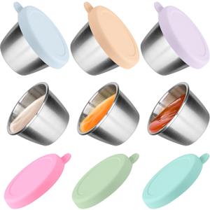 Salad Dressing Container To Go, 6x2.4 oz Small Containers with Lids, Reusable Sauce Containers for Lunch Box, 18/8 Stainless Steel Condiment Cup, Easy to Open, Leakproof Dipping Sauce Cups