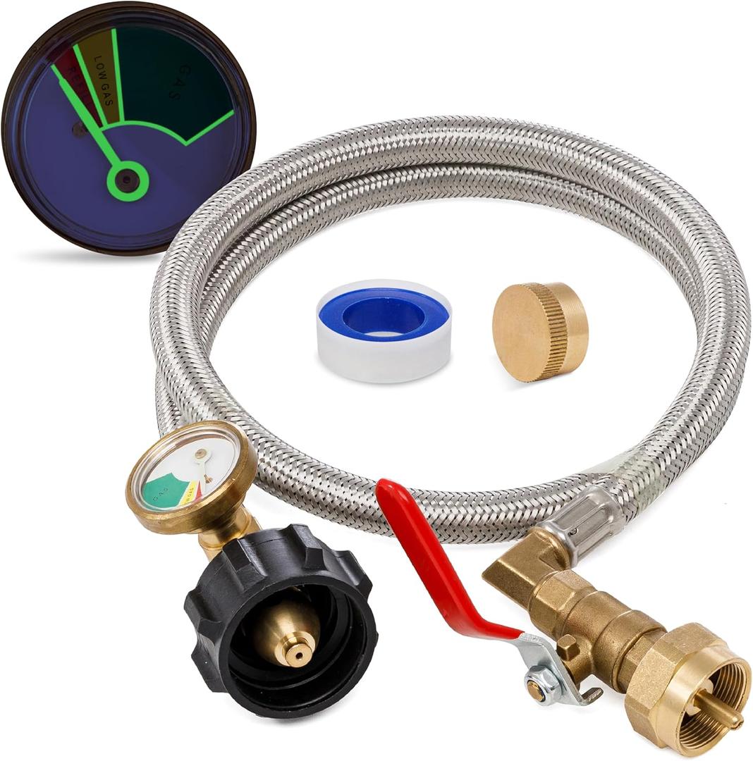 CSA CERTIFIED 3 Feet Propane Refill Adapter Hose with Gauge & ON/Off Control Valve by BlueStars - Stainless Steel Extension Propane Refill Hose Fill 1 Pound Bottles from 5-40lb Tank - with Cap, Tape