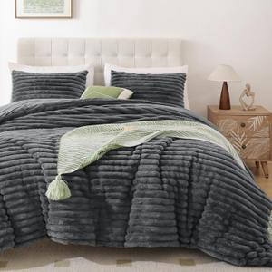 Smoofy Fluffy Queen Comforter Set 3 Pieces - Dark Grey Fleece Fluffy Comforter Set, Luxury Fuzzy Queen Bedding Set, Soft Warm Bed Set All Season, Heavy Faux Fur Comforter with 2 Pillow Cases