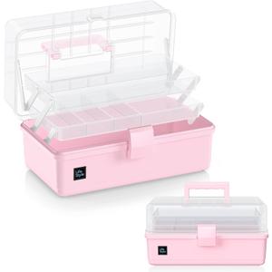 ARJudy 13in 3-Layer Adjustable Craft Organizer with Dividers - Portable Multipurpose Storage Box for Art Supplies, Sewing Kits, Medicine, and Home Utility, Foldable Clear Plastic Design with Handles (Pink)