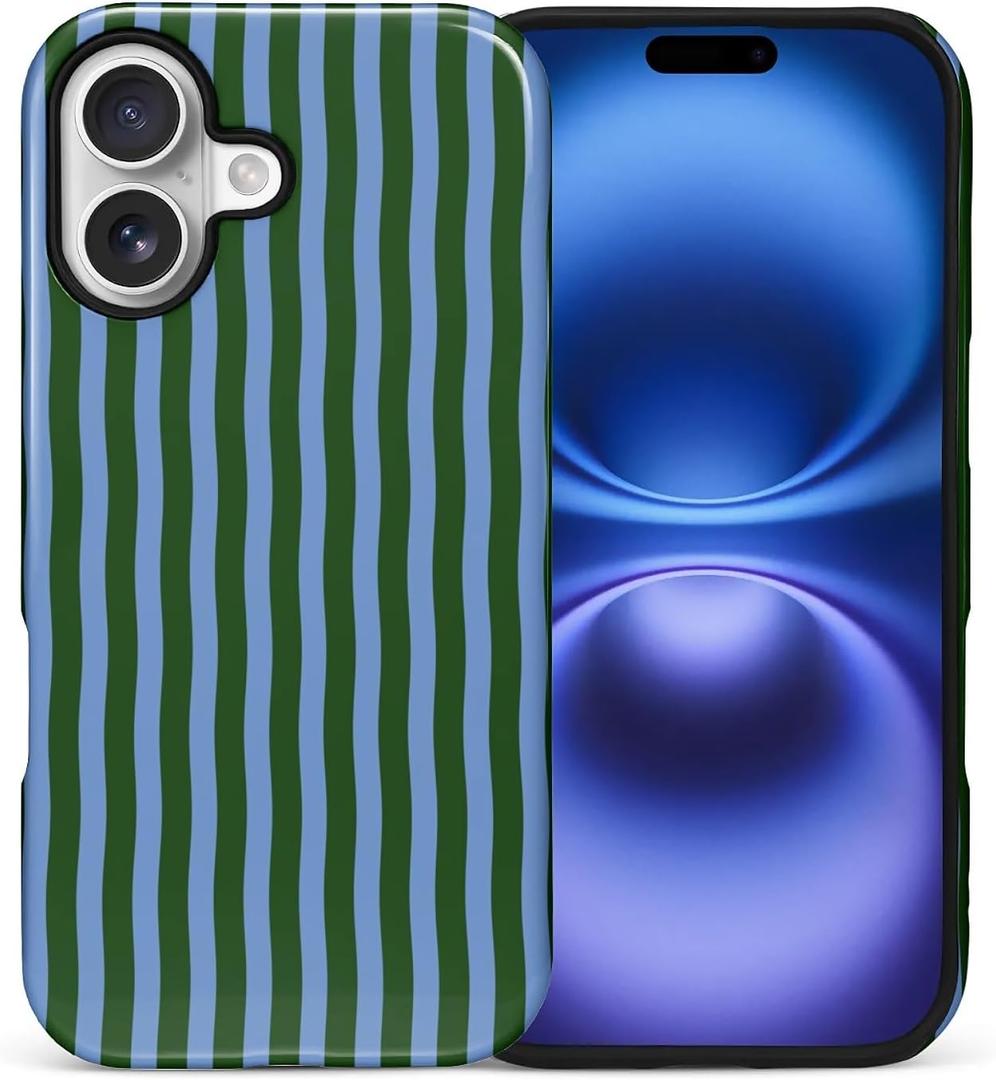 for iPhone 17 Case, Green and Blue Stripe Hybrid 2 Layer Hard Shell Silicone Protective Pattern Design Case