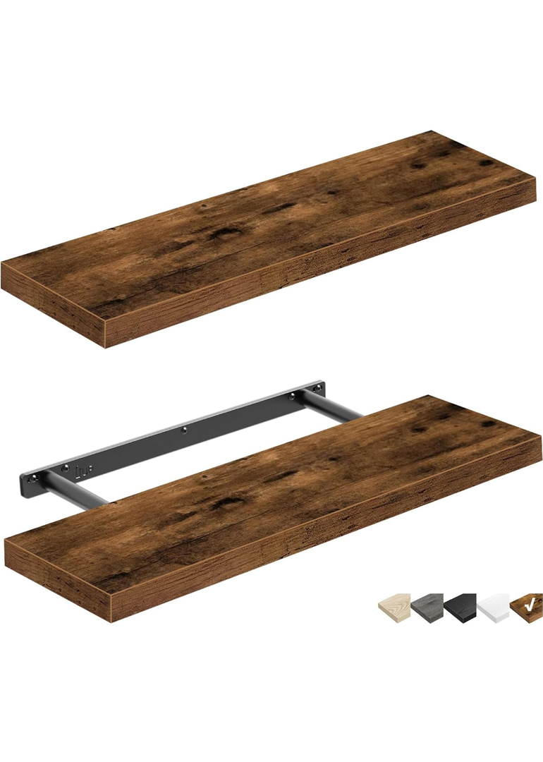 QEEIG Floating Shelves Wall Shelf 24 inches Long Farmhouse Bathroom Decor Bedroom Kitchen Living Room Wall Mounted 24 x 9 inch Set of 2, Rustic Brown (008-60BN)