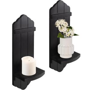 Rustic Black Wood Wall Candle Sconces Set of Two, Farmhouse Wooden Candle Holder Decor for Fireplace, Hallway, Living Room, Bedroom