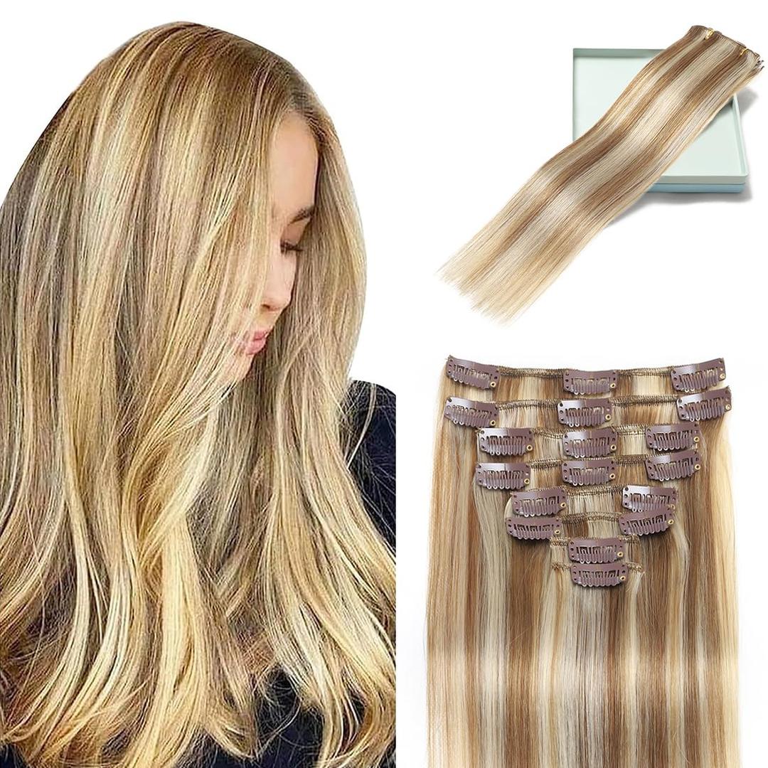 LORIEN Clip in Hair Extensions Real Human Hair, Remy Human Hair Extensions Clip ins for Women, 100% Natural Human Hair, Double Weftm, 14inch 80g 8Pcs, #16/22 Light Blonde to Golden Blonde