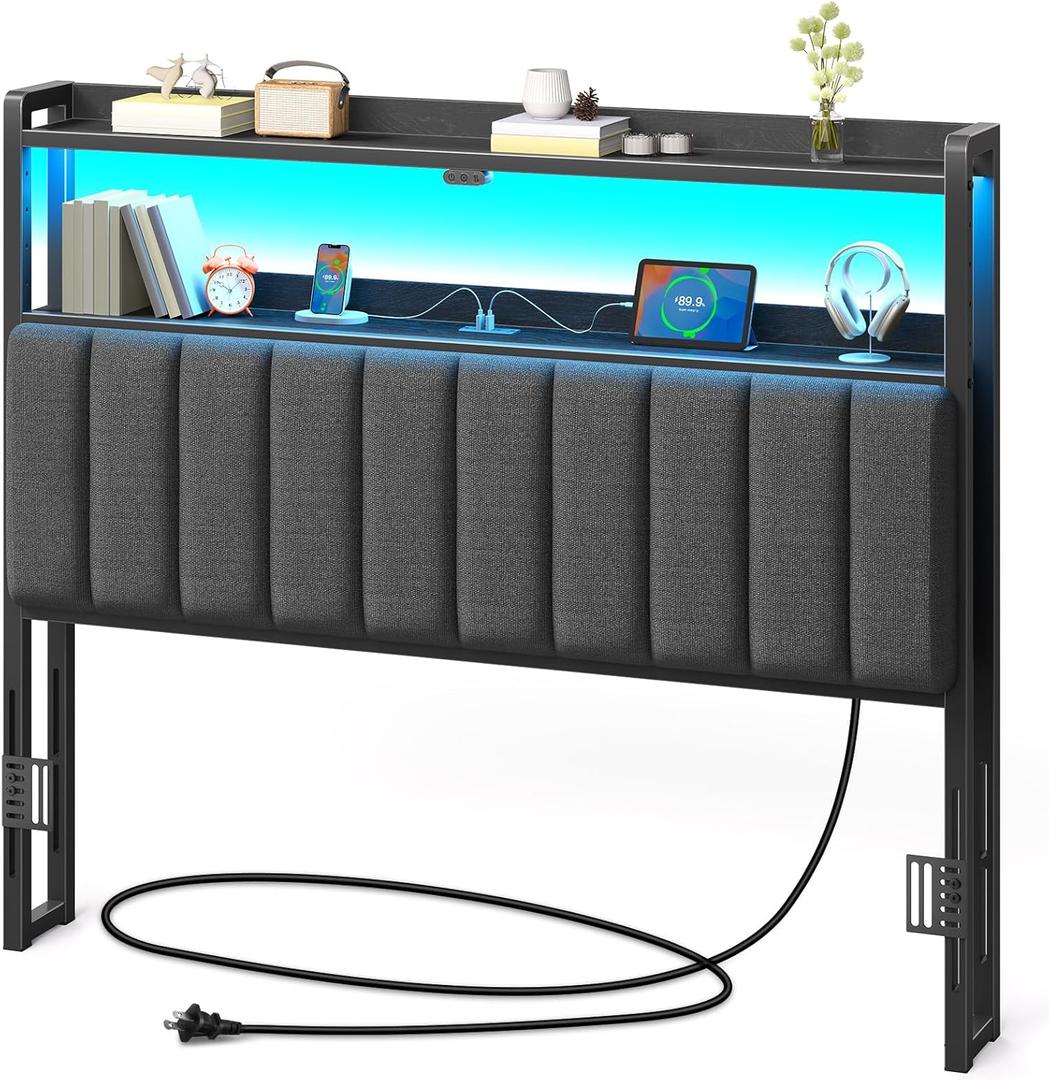 Rolanstar Headboard for Full Size Bed with Storage, 60,000 DIY Color of LED Light, Head Board with USB & Type C Port, Height Adjustable, Black Upholstered Cabeceras de Cama Comfortable Modern, Stable