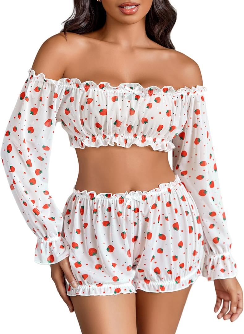 Avidlove Lingerie Sets for Women Sexy Long Sleeve Off Shoulder Ruffle Bra and Panty Set (Small, Strawberry Print)