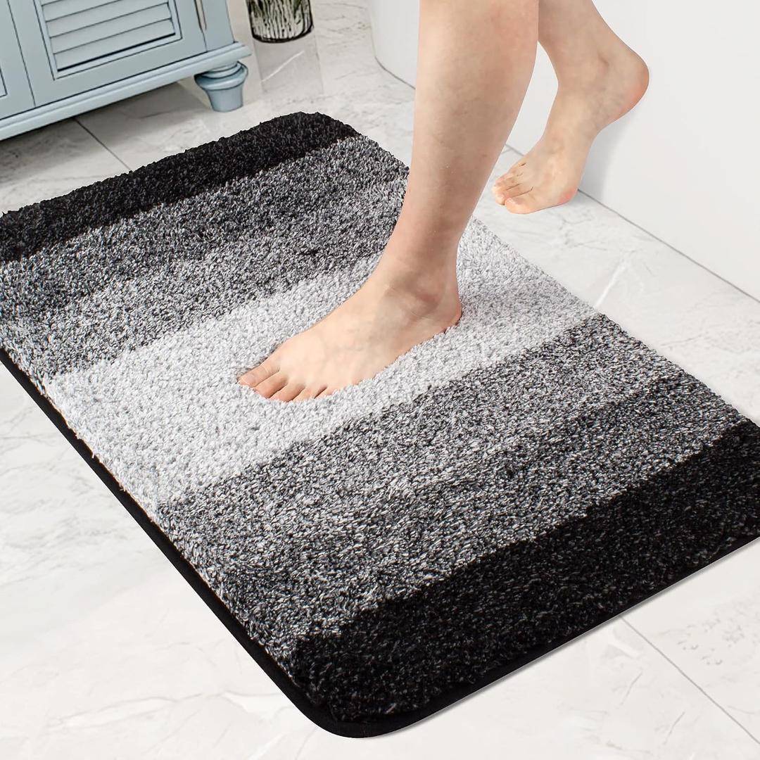 Walensee Bathroom Rug Non Slip Bath Mat (16 x 24, Ombre Black) Water Absorbent Soft Microfiber Shaggy Bath Rug for Shower Thick Plush Rug Machine Washable