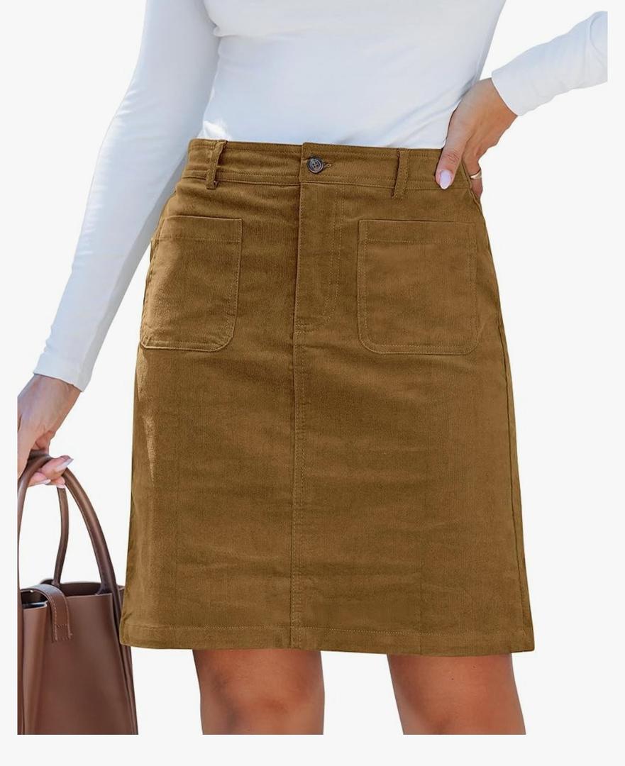 Luvamia Corduroy Skirts for Women High Waisted Trendy Fall Elastic Waist Casual Stretchy Short Skirts with Patch Pockets M