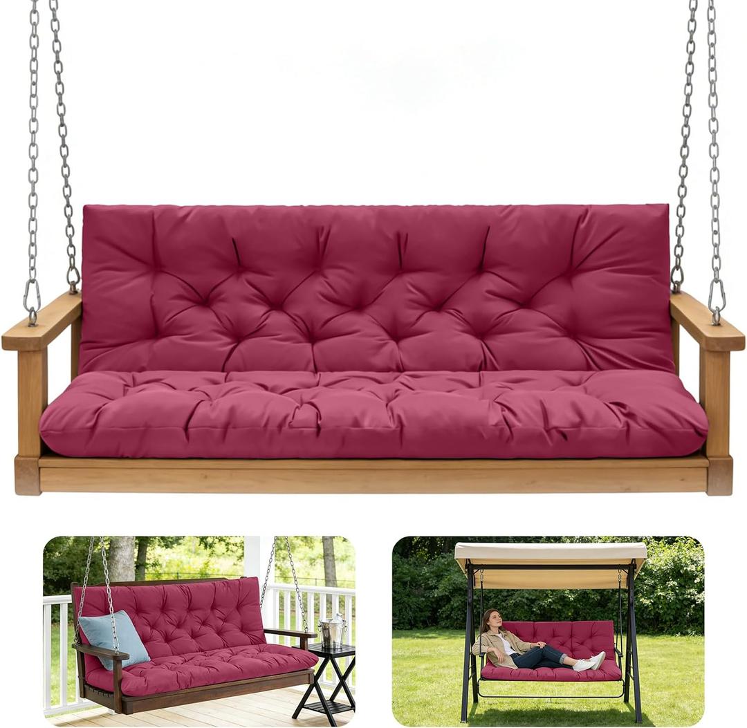 Porch Swing Cushions,Outdoor Cushions 3 Seater Replacement with Backrest, Waterproof Thickened Bench Cushion with Ties for Porch, Patio,Outdoor, Backyard and Garden (Wine Red 40 * 40 in), 40x 40 inches