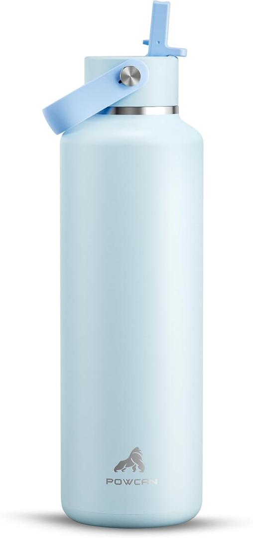POWCAN 24 oz Insulated Travel Water Bottle for: Leakproof, BPA-Free, Top Handle, Stainless Steel Water Bottle with Straw for School, Outdoors, Camping, Sport, Hiking, Biking, Playground (Sea Breeze)