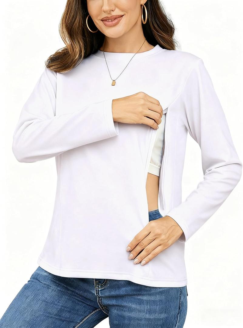 Ecavus Womens Zip Maternity Nursing Tops for Breastfeeding Long Sleeves Casual Nursing Shirts Pregnancy Mama Clothes (Large, White)