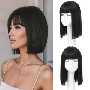 Black Bob Wig With Bangs - Heat Resistant 14Inch Synthetic Hair, Short Straight Shoulder Length Natural-Looking Cosplay Wig for Daily Use, Parties & Women Girls