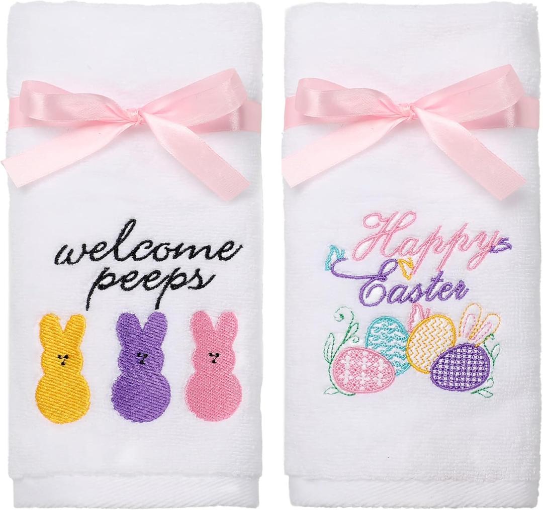 Easter Hand Towels 100% Cotton Embroidered Happy Easter Bunny Decorative Bathroom Kitchen Dish Towels Set Gift Set of 2 14x29inch