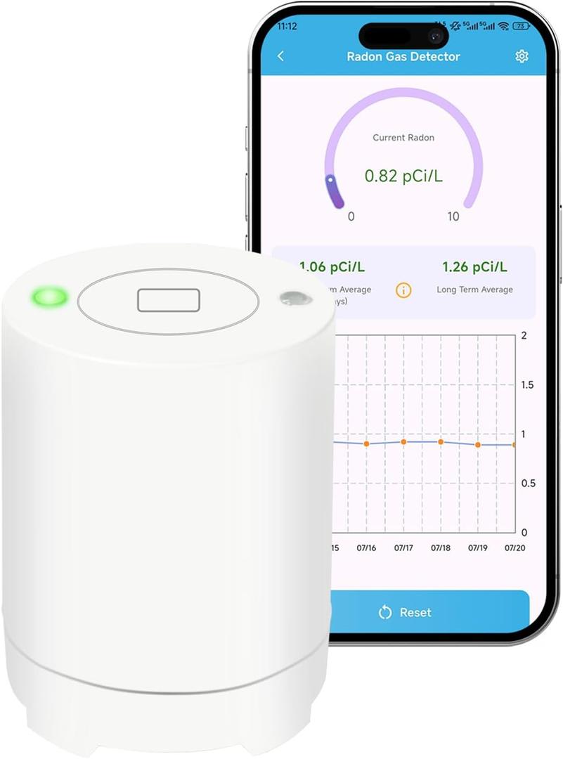 Bluetooth Radon Detector for Home, High-Precision Sensor, Real-Time Radon Gas Monitoring, Short & Long-Term Data with Trend Charts, App Control, Rechargeable Battery, LED Alerts