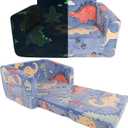 Hrebr Kids Chairs for Toddler, 2 - in - 1 Toddler Soft Teddy Fleece Couch Featuring Glow - in - The - Dark Elements, Fold Out, Convertible Sofa to Lounger for Girls and Boys - Colorful Dinosaur