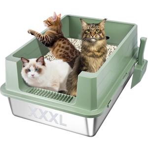 Homegroove XXXL Stainless Steel Litter Box with High Sides, 28"x20"x12" Extra Large Cat Litter Box for Big Cats, Metal Cat Litter Boxes Anti-Urine Leakage, Easy Clean (Green)