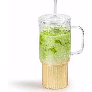 32oz Glass Cups with Handle Lids and Straws, Borosilicate Glass Tumblers for Iced Coffee, Smoothies, Fruit Drinks. Reuseable Glasses Cups for Cold/Hot Water (glass lid 1 pack)