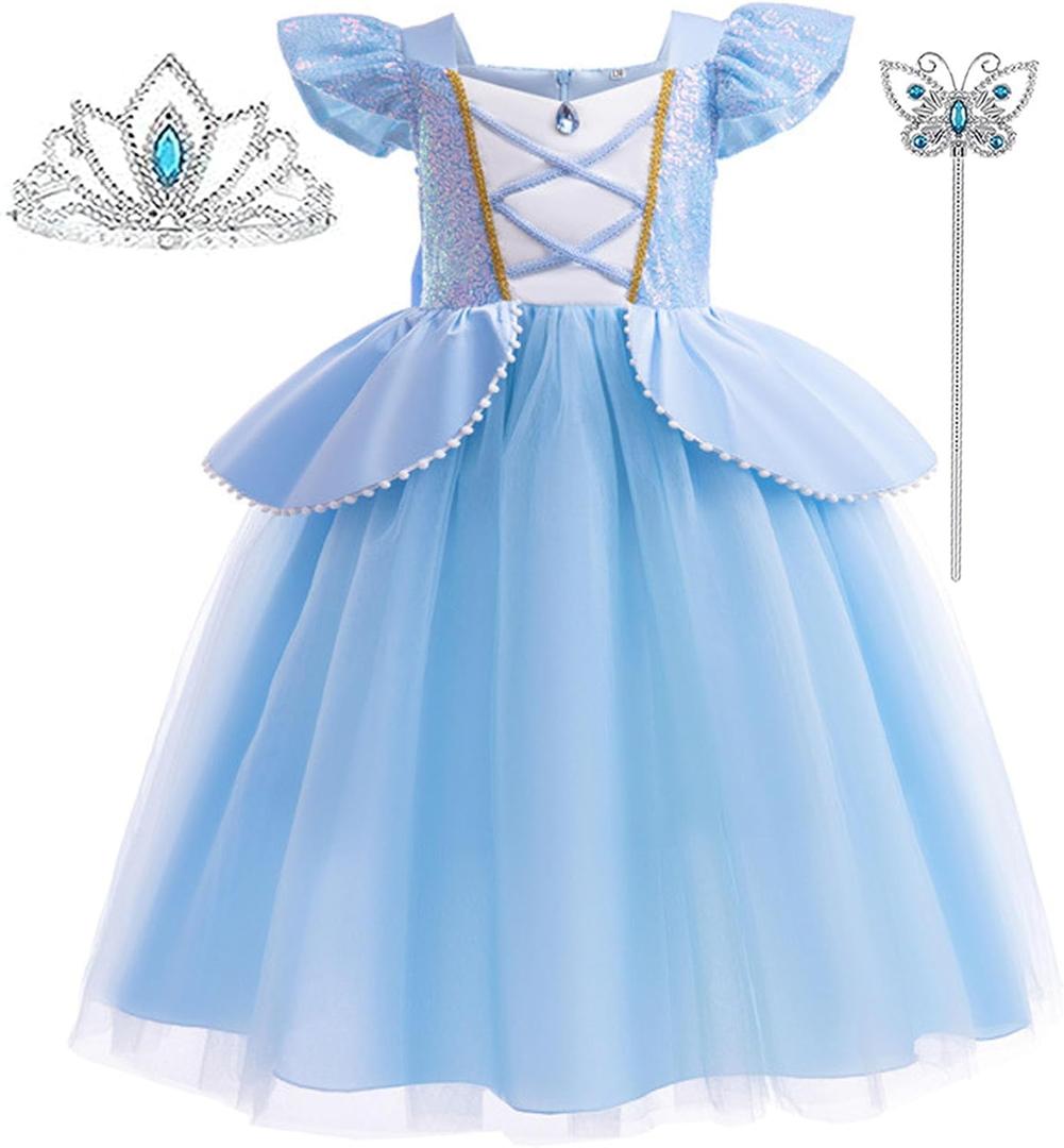 Princess Dresses for Girls Little Kids Blue Princess Costume Cosplay Outfit Birthday Halloween Prom Party Dress Up (3-4 Years)