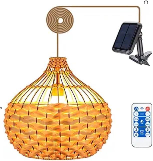 Solar Chandelier Outdoor Pendant Lights, Outdoor Rattan Solar Hanging Porch Light Lanterns with Remote Dimmable Outdoor Chandelier Lights for Gazebo Porch Patio 12.6"