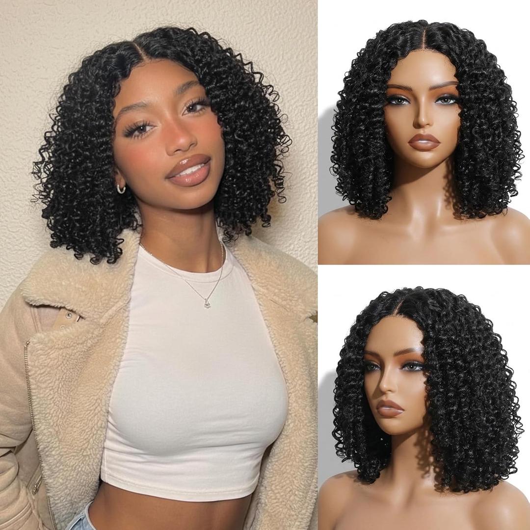 12 Inch Black Short Bob Lace Front Wigs for Black Women,Middle Part Pre Cut Afro Kinky Curly Wig Wear and Go Glueless Synthetic Wig with Elastic Band Beginner Friendly