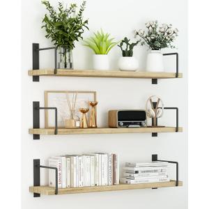 Floating Shelves, 24 Inches, Easy to Install, Wall Mounted, Set of 3, Rustic Wood for Dcor, Storage for Living Room, Bathroom, Bedroom