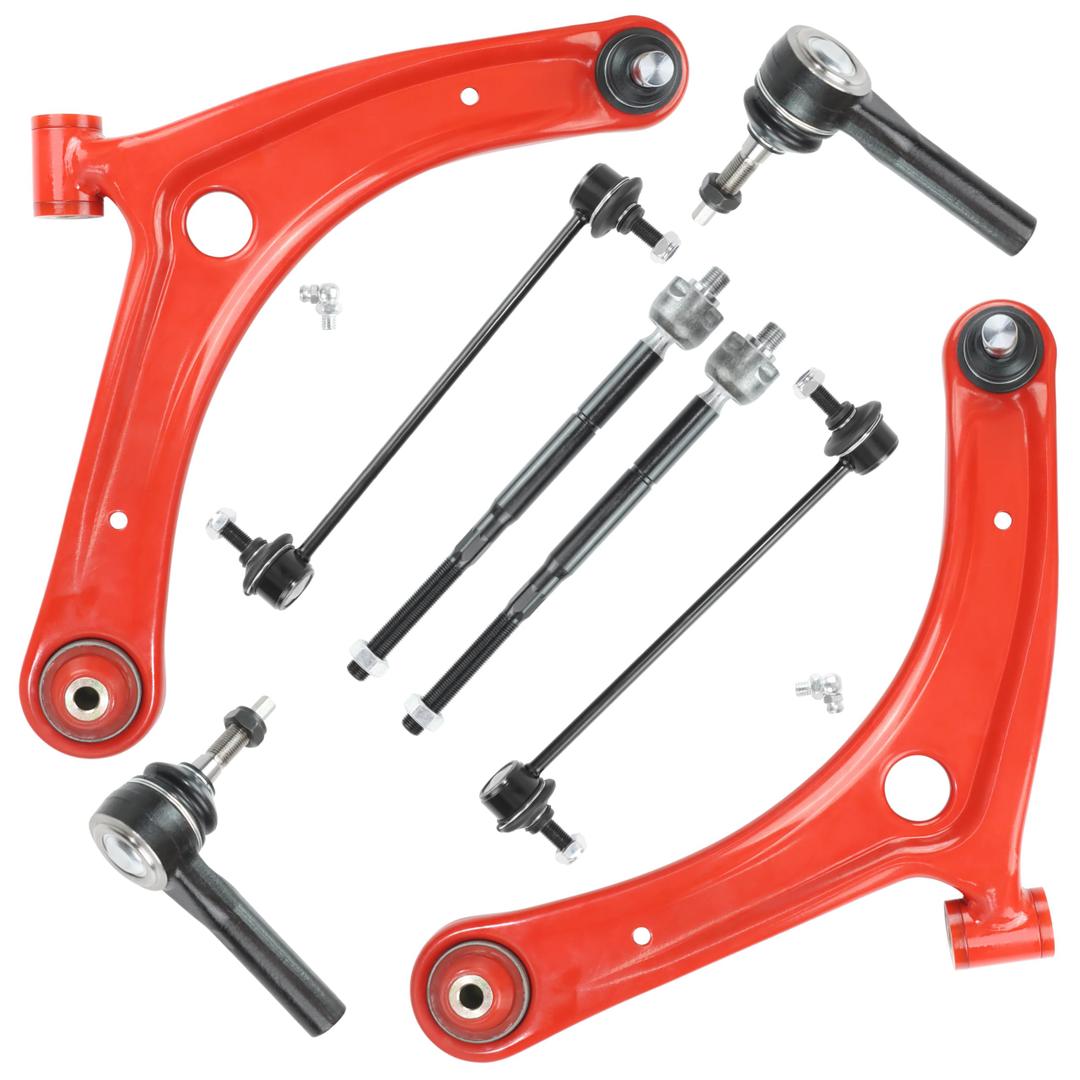 8pc Front Suspension Kit for 2007-2012 Dodge Caliber, 2007-2017 Jeep Compass/Patriot Polyurethane Bushing Upgrade, Lower Control Arms (K620066, K620065), Tie Rods & Sway Bar Links Replacement, Red