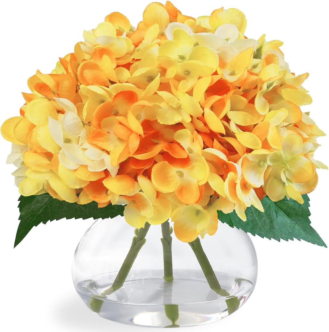 Hydrangea Artificial Flowers in Glass Vase, Orange Silk Fake Flowers Silk Centerpiece Table Decorations for Dining Room Coffee Table DecorWedding, Home with Faux Water Decor Orange