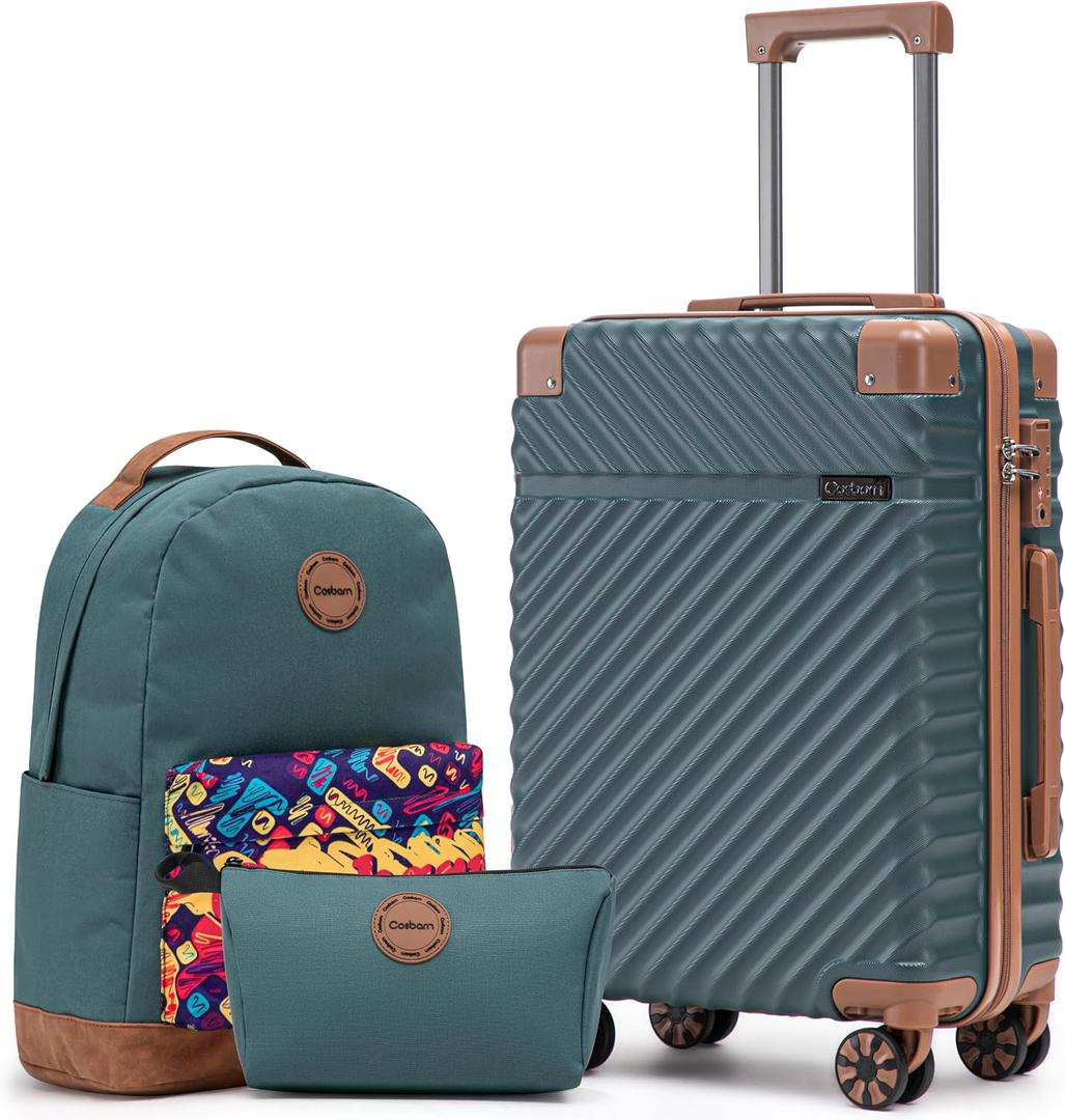 Cosbarn Carry On Luggage 22x14x9 Airline Approved, Hardside 20 Inch Carry on Suitcases with Wheels, Hard Shell ABS Lightweight Carry on Luggage Set, Travel Suitcase Set with TSA Lock, DarkGreen, 3 Piece Sets