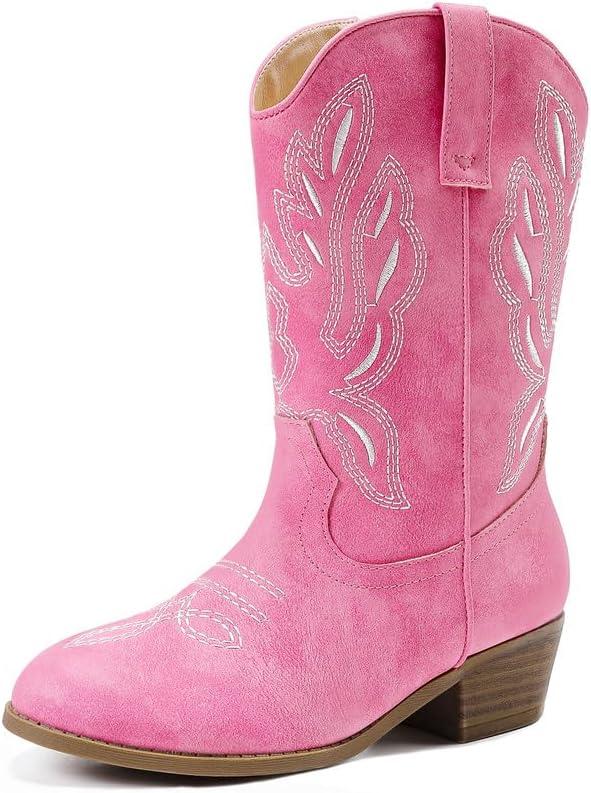 Cowgirl Boots for Little Girls Mid Calf Pointed Toe Kid Cowboy Boots Side Zipper Classic Embroidered Western Boots Horse Riding Shoes Party for Toddler Little Big Kids (Pink), 3 Big Kid