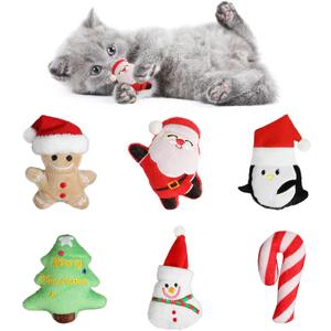FOIMAS 6pcs Christmas Catnip Toys,Xmas Cat Toys Plush Santa Claus Snowman Tree Interactive Chew Bite Toys for Cat Kitten Indoor