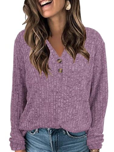 COZYMY Womens Long Sleeve Fall Sweaters Tunic Lightweight Tops Dressy Casual V Neck Blouses Purple Medium
