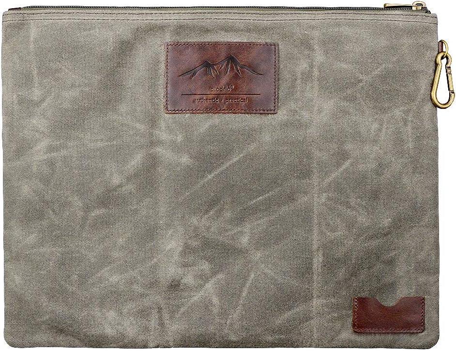 Water Resistant Zipper Document Holder, Fits Manila Folder, Rustic Large Waxed Canvas Pouch with Full Grain Leather, Inner Pockets, Carabiner, Hold Your Books, A4 Handouts, Travel Accessories. Olive.