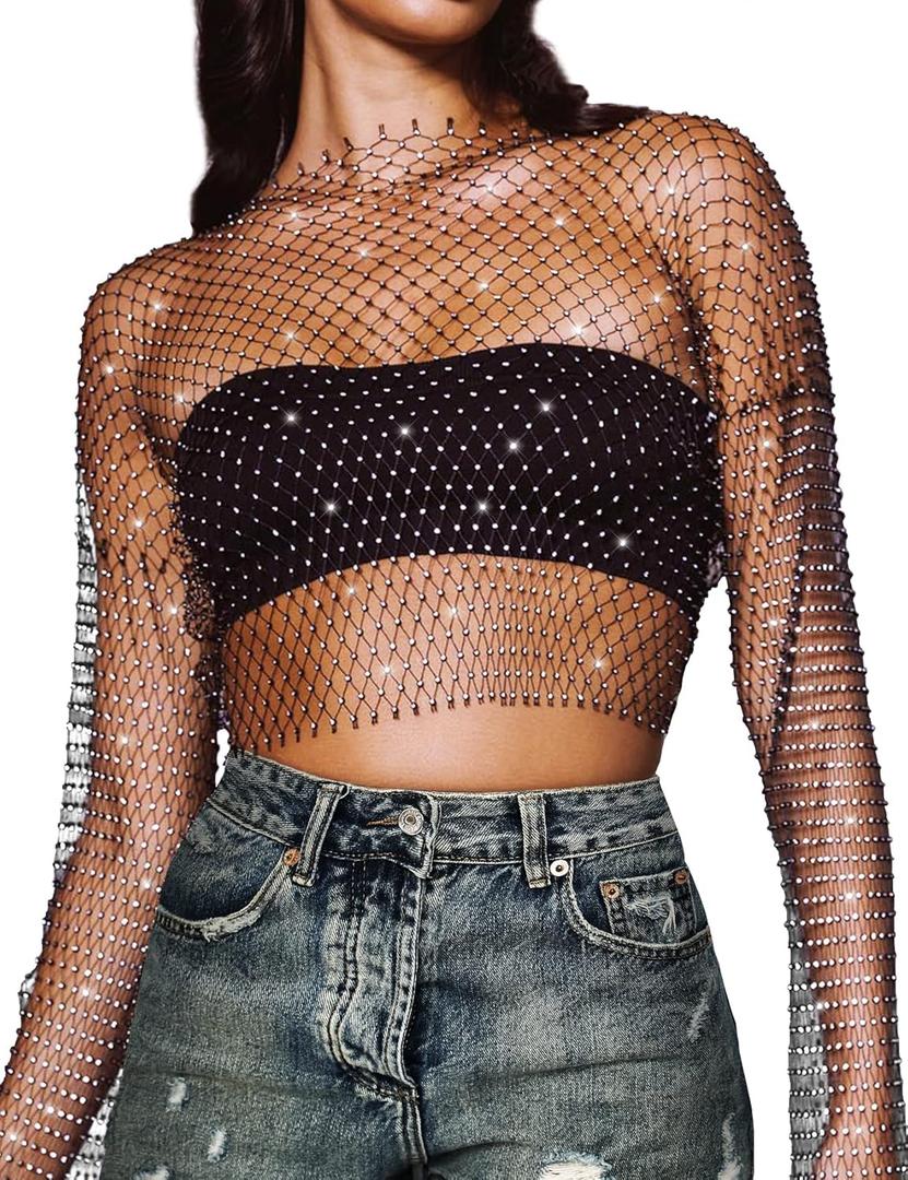 CYCLAMEN Women's Rhinestone Body Chains Long Sleeve Crop Tops Crystal See Through Mesh Diamond Fishnet Shirts Outfits, Black, One Size (XS-L)