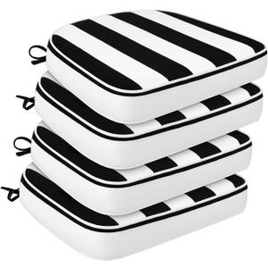 Outdoor Chair Cushions Set of 4,17"x16" Memory Foam Patio Chair Pads with Ties, Round Corner Seat Cushion for Outdoor Furniture Garden Deck,Black White
