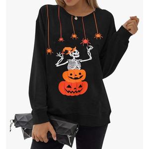 Women Halloween Sweatshirts Pumpkin Face Dancing Skeleton Shirt Long Sleeve Sweater Funny Graphic Pullover Large