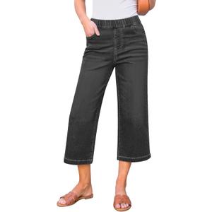 GRAPENT Capri Jeans for Women Wide Leg High Waisted Effortless Flow Pull On Stretchy Denim Elastic Waist Pants with Pockets (Large, Washed Black)