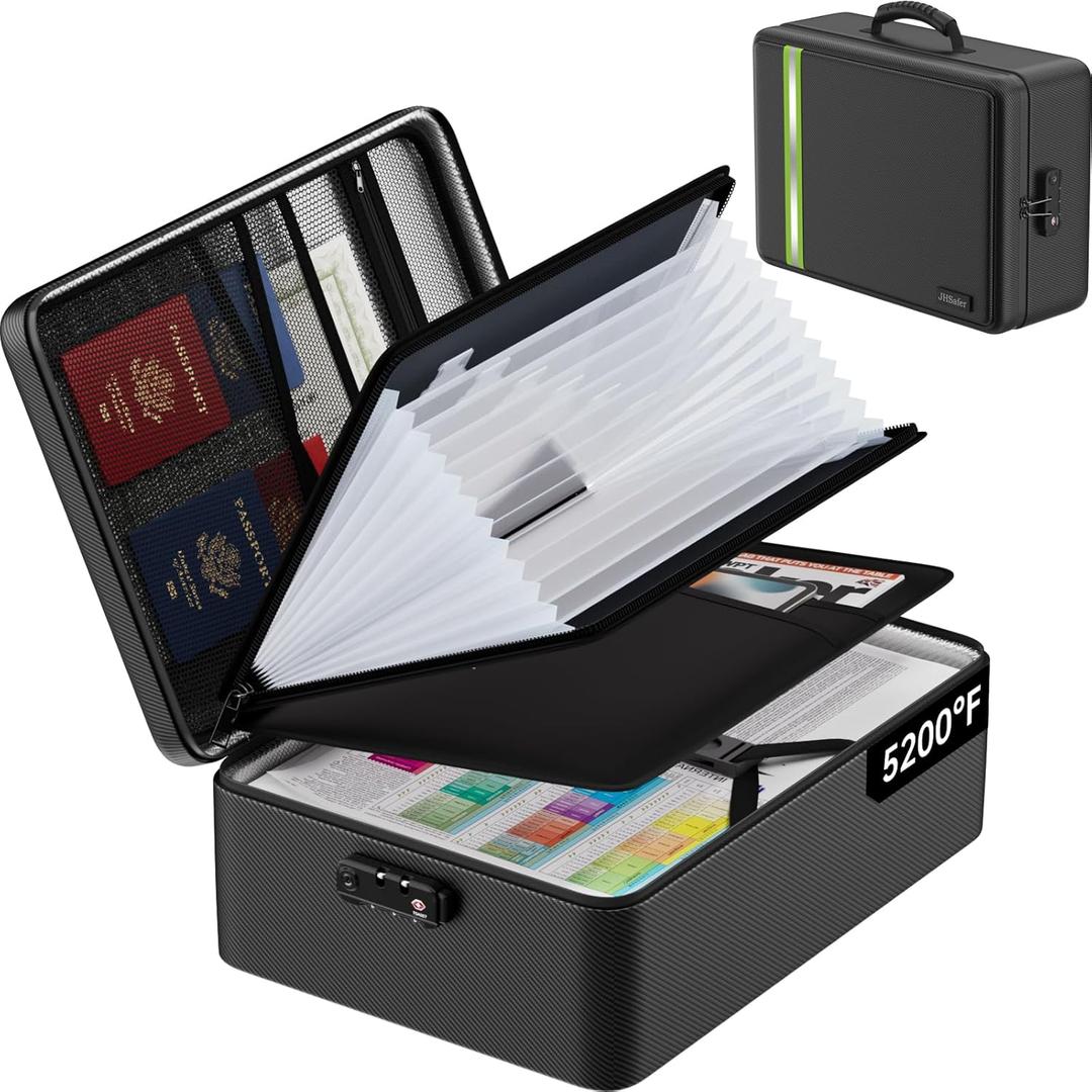 Fireproof Document Bag, Insulated Large Document Box with Lock, Important Document Organizer with Waterproof Zipper, Portable Soft Home Travel Office Safe Storage for Legal/Letter/A4 Files,Black (17" x 12" x 5.3",13 pockets transparent)