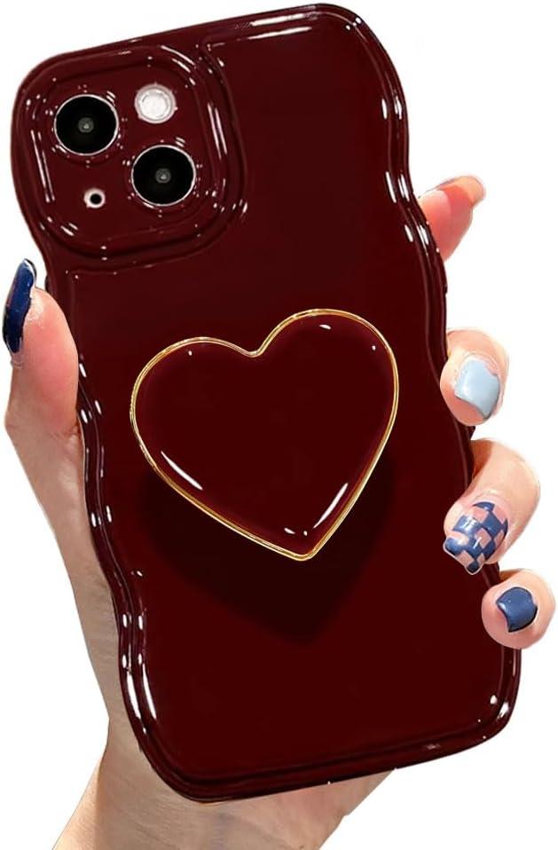 Cute Case for iPhone 13 6.1'', Wine Red Soft TPU Shape Shockproof Protective Cover with Stand, Luxury Bumper Wave Frame Curly Shape Love Heart Holder Kickstand Phone Case for Girls Women