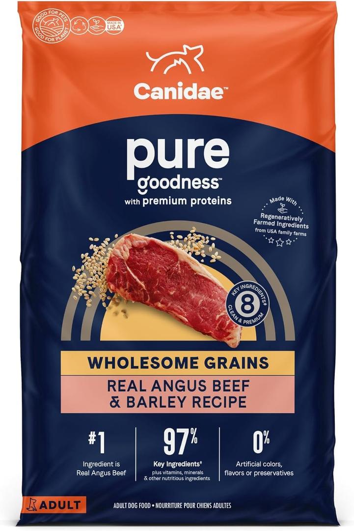 CANIDAE Pure Limited Ingredient Premium Adult Dry Dog Food, Real Beef & Barley Recipe, 22 lbs, with Wholesome Grains (22 Pound (Pack of 1)), Best By: 09/04/25